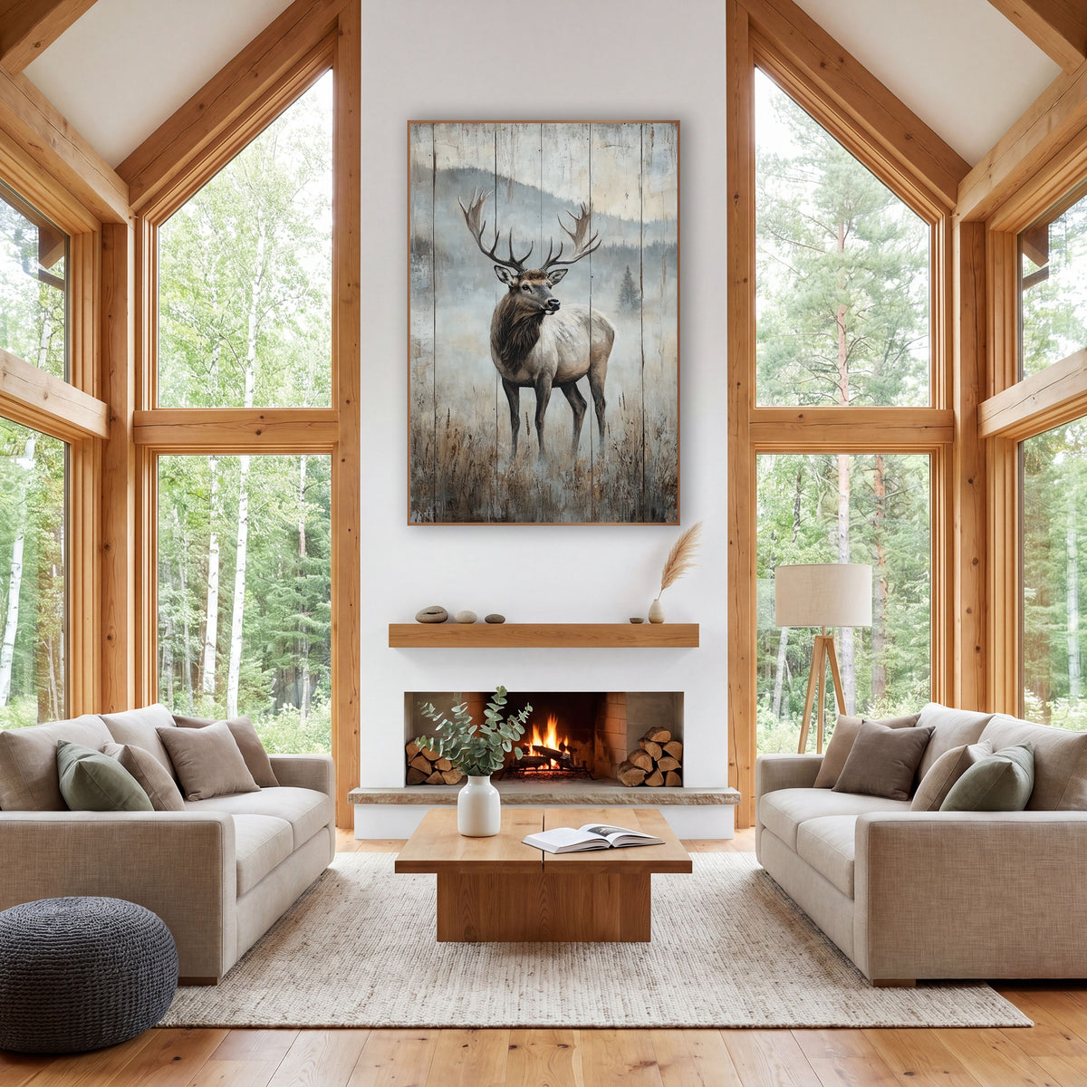 Foggy Pine Ridge Elk Vintage wall art in a rustic western-style room – bull elk with large antlers standing in a misty