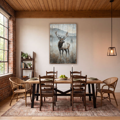 Foggy Pine Ridge Elk Vintage wall art in a rustic western-style room – bull elk with large antlers standing in a misty