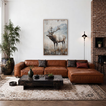 Grand Antler Elk Snowy Ridge wall art in a rustic western-style room – bull elk with wide antlers standing in dry