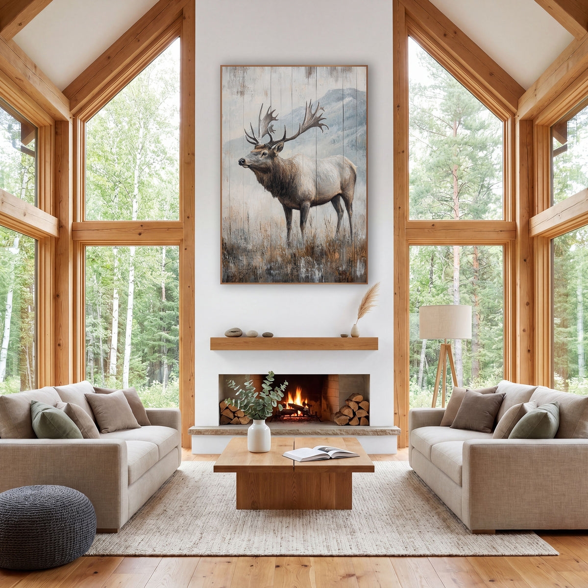 Grand Antler Elk Snowy Ridge wall art in a rustic western-style room – bull elk with wide antlers standing in dry