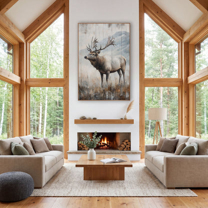 Grand Antler Elk Snowy Ridge wall art in a rustic western-style room – bull elk with wide antlers standing in dry