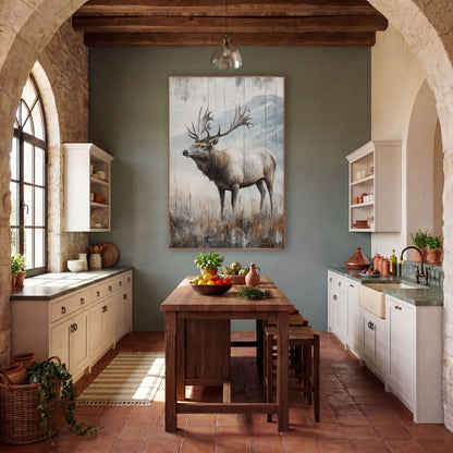 Grand Antler Elk Snowy Ridge wall art in a rustic western-style room – bull elk with wide antlers standing in dry