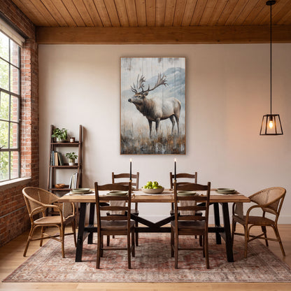 Grand Antler Elk Snowy Ridge wall art in a rustic western-style room – bull elk with wide antlers standing in dry