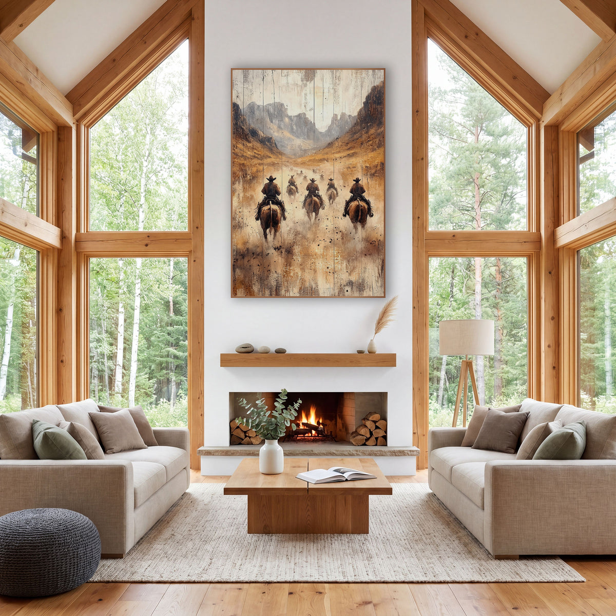 Cowboys Riding Dusty Valley Western wall art in a rustic western-style room – cowboys on brown horses ride away down