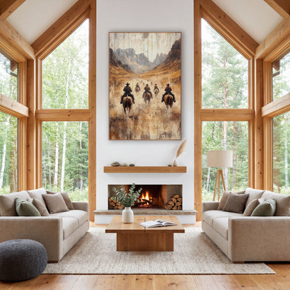 Cowboys Riding Dusty Valley Western wall art in a rustic western-style room – cowboys on brown horses ride away down