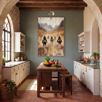 Cowboys Riding Dusty Valley Western wall art in a rustic western-style room – cowboys on brown horses ride away down