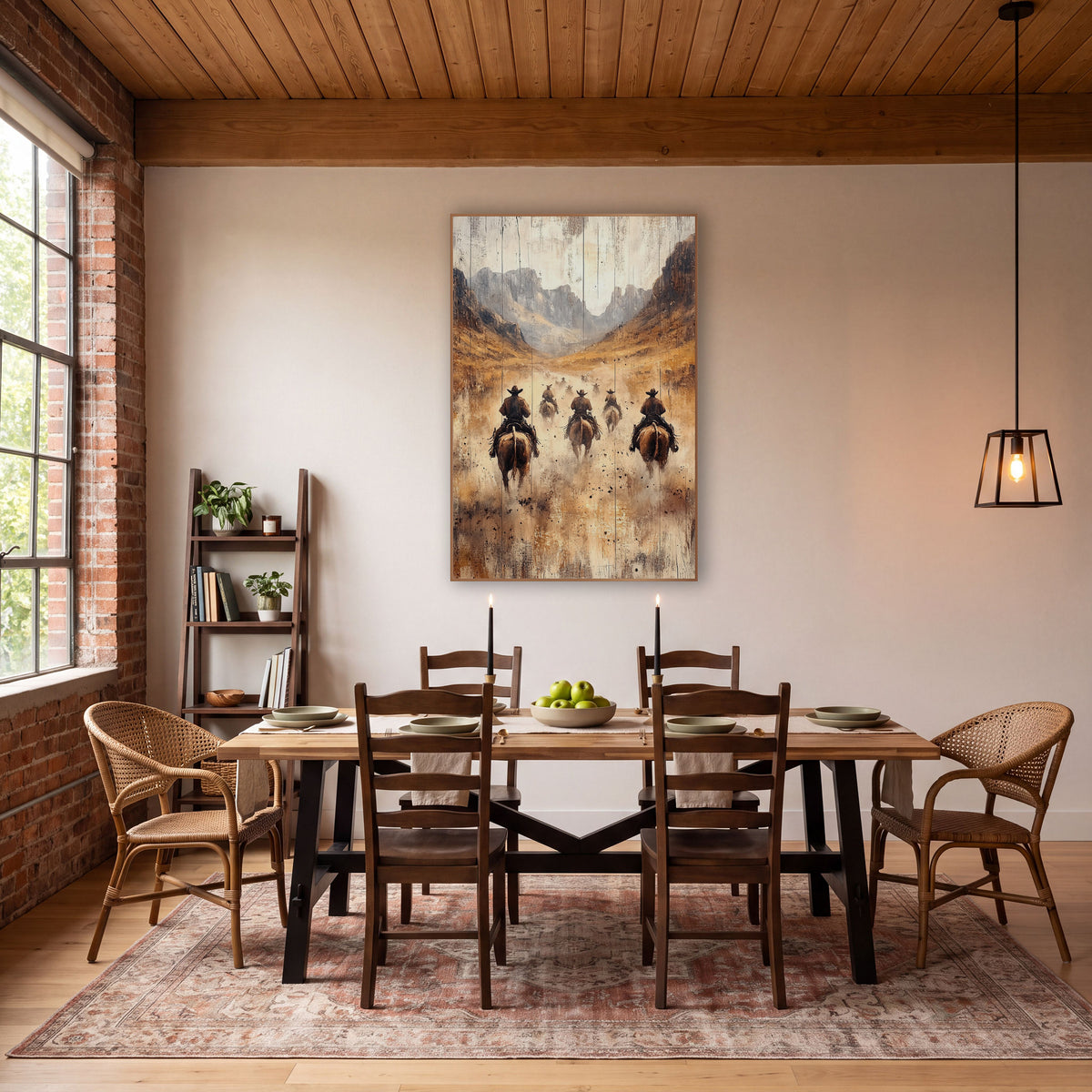 Cowboys Riding Dusty Valley Western wall art in a rustic western-style room – cowboys on brown horses ride away down