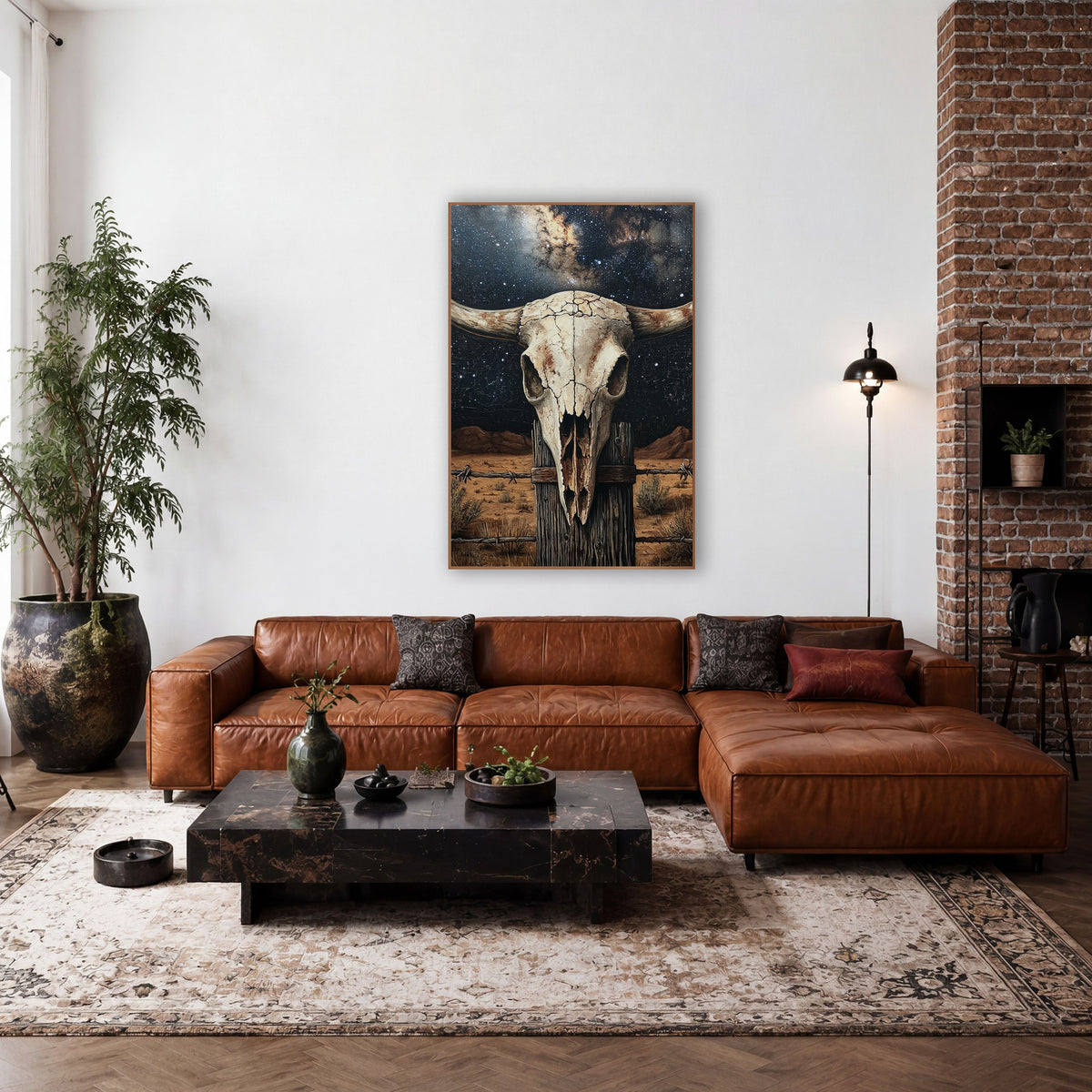 Milky Way Skull Barbed Fence wall art in a rustic western-style room – bleached cattle skull with curved horns