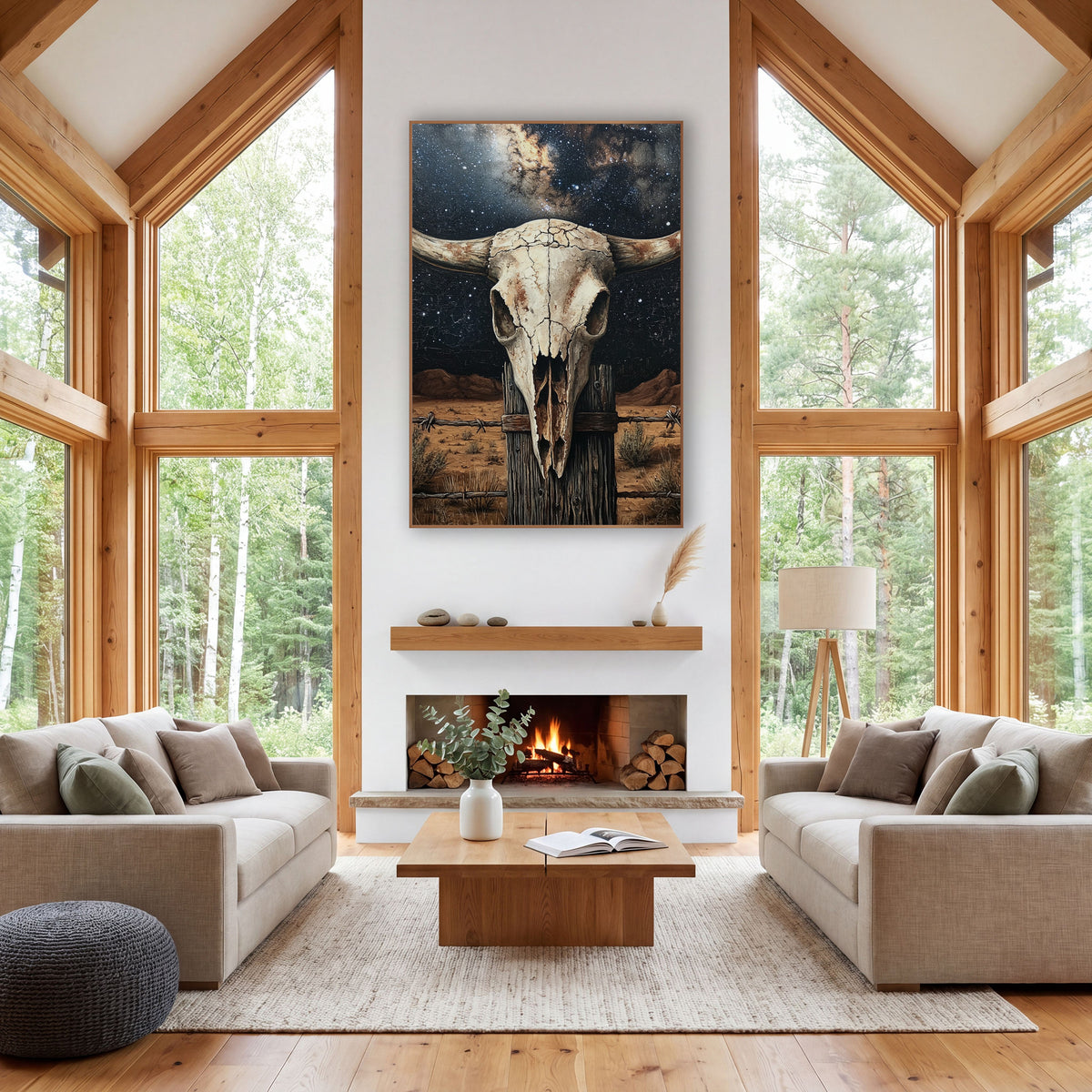 Milky Way Skull Barbed Fence wall art in a rustic western-style room – bleached cattle skull with curved horns