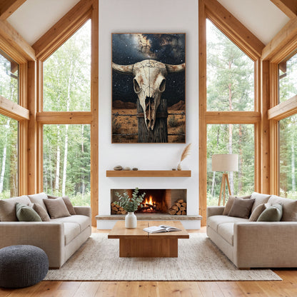 Milky Way Skull Barbed Fence wall art in a rustic western-style room – bleached cattle skull with curved horns
