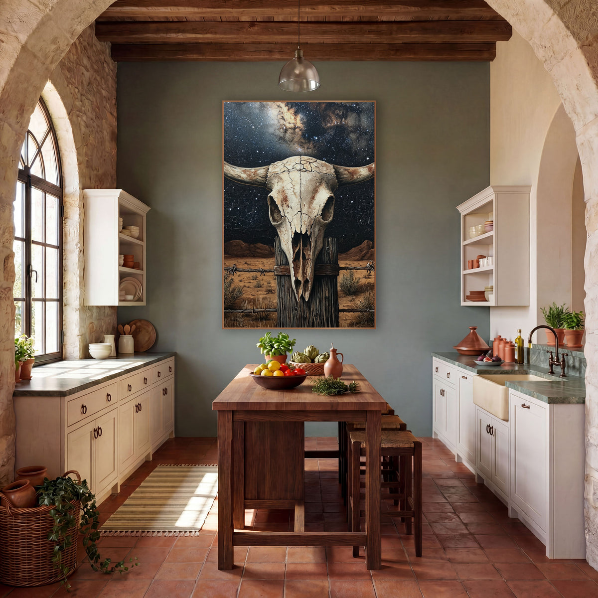 Milky Way Skull Barbed Fence wall art in a rustic western-style room – bleached cattle skull with curved horns