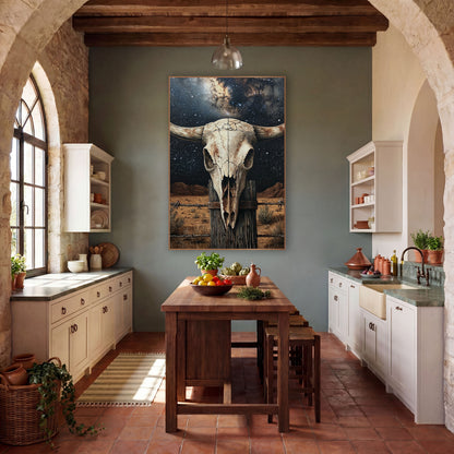Milky Way Skull Barbed Fence wall art in a rustic western-style room – bleached cattle skull with curved horns