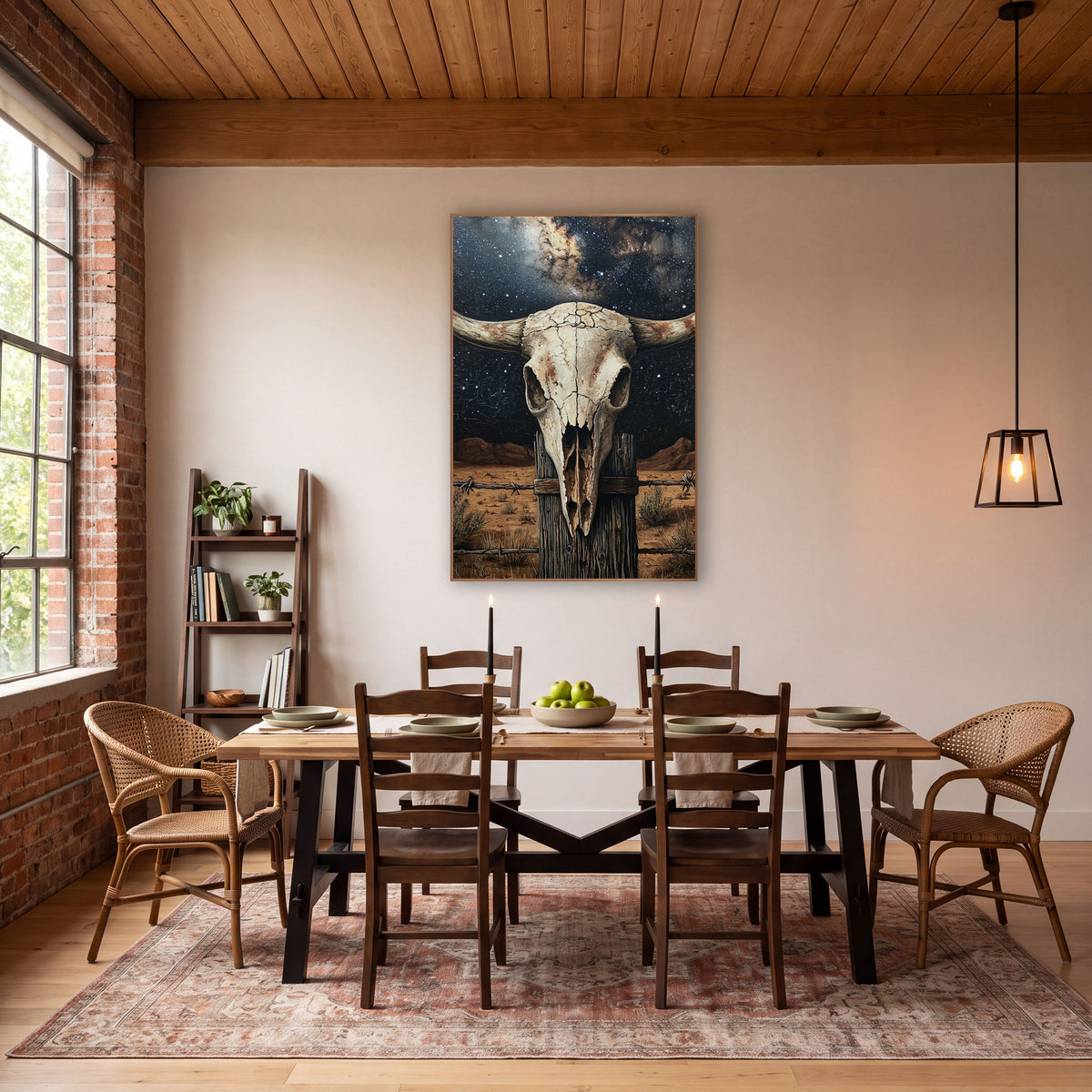 Milky Way Skull Barbed Fence wall art in a rustic western-style room – bleached cattle skull with curved horns