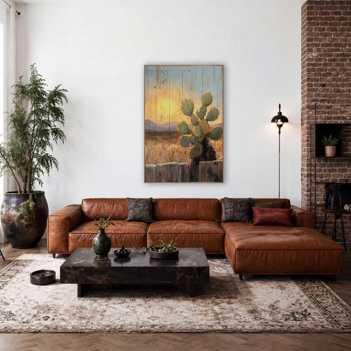 Backlit Prickly Cactus Western Landscape wall art in a rustic western-style room – green prickly cactus with orange