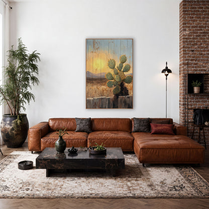 Backlit Prickly Cactus Western Landscape wall art in a rustic western-style room – green prickly cactus with orange