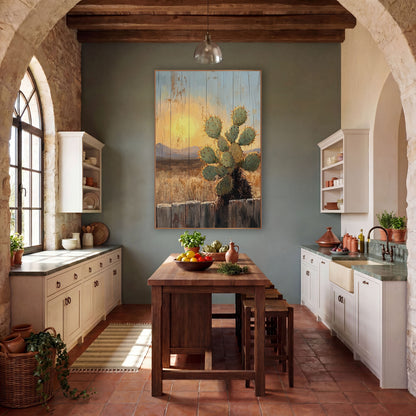 Backlit Prickly Cactus Western Landscape wall art in a rustic western-style room – green prickly cactus with orange