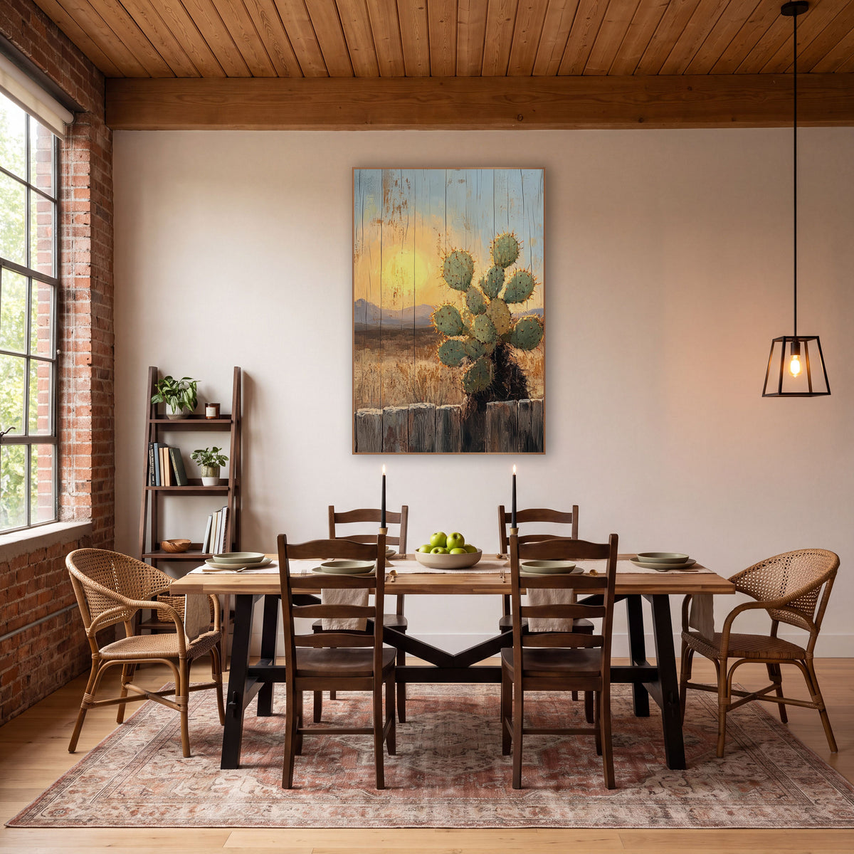 Backlit Prickly Cactus Western Landscape wall art in a rustic western-style room – green prickly cactus with orange
