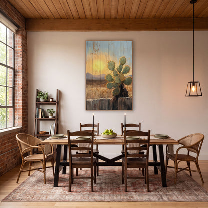 Backlit Prickly Cactus Western Landscape wall art in a rustic western-style room – green prickly cactus with orange