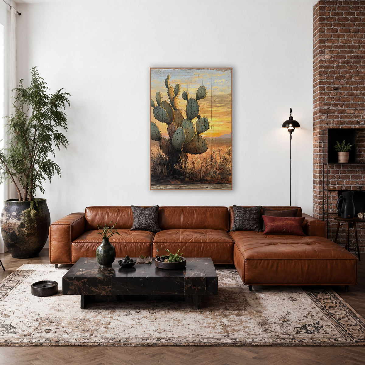 Sunset Prickly Pear Cactus Western wall art in a rustic western-style room – tall sage-green cactus with spines before