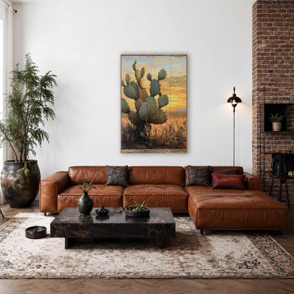 Sunset Prickly Pear Cactus Western wall art in a rustic western-style room – tall sage-green cactus with spines before