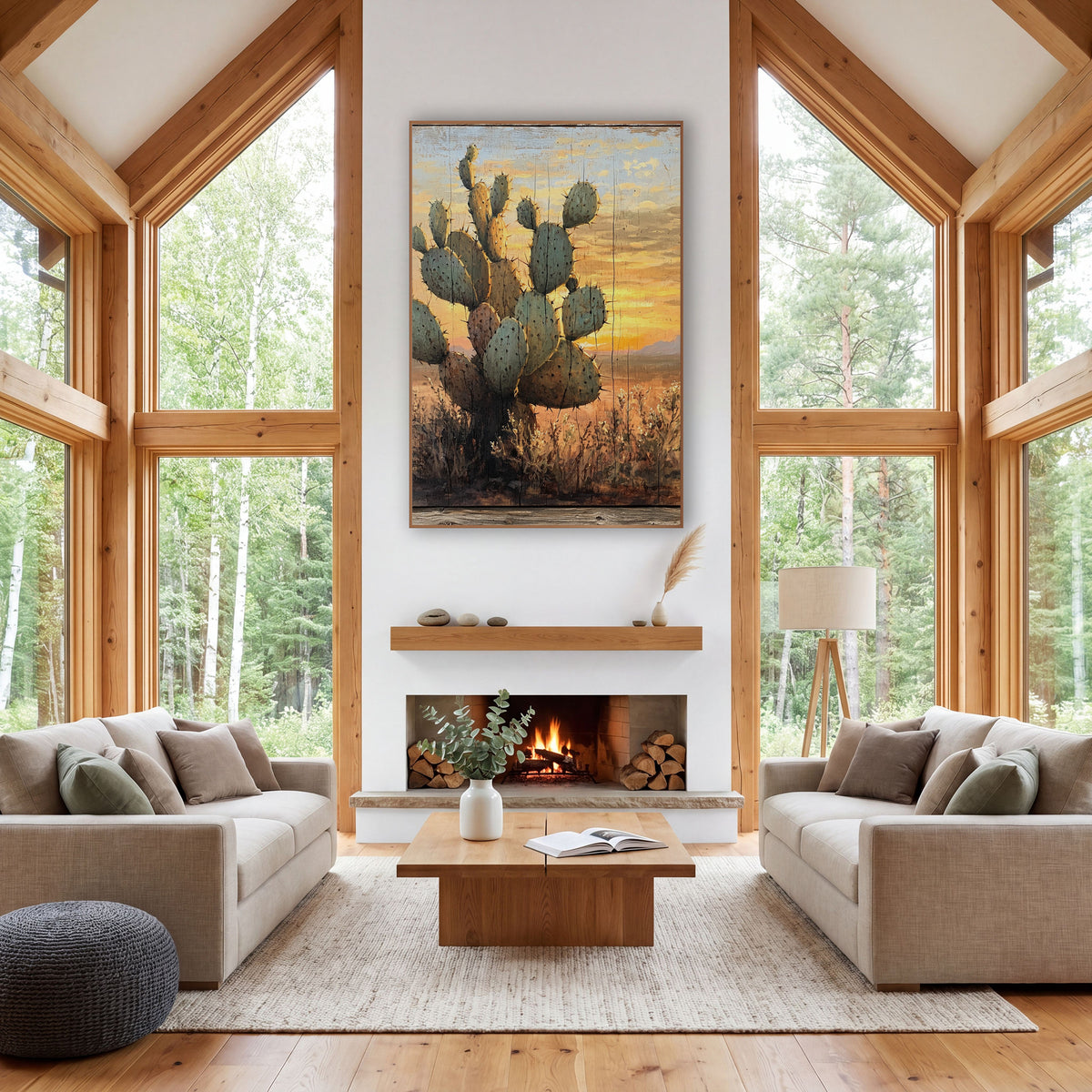 Sunset Prickly Pear Cactus Western wall art in a rustic western-style room – tall sage-green cactus with spines before