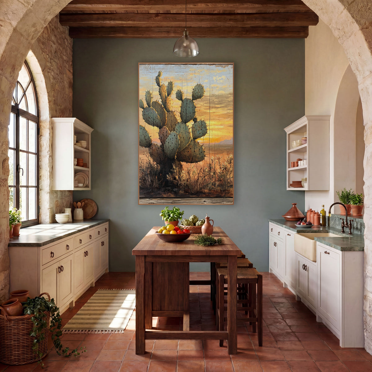 Sunset Prickly Pear Cactus Western wall art in a rustic western-style room – tall sage-green cactus with spines before