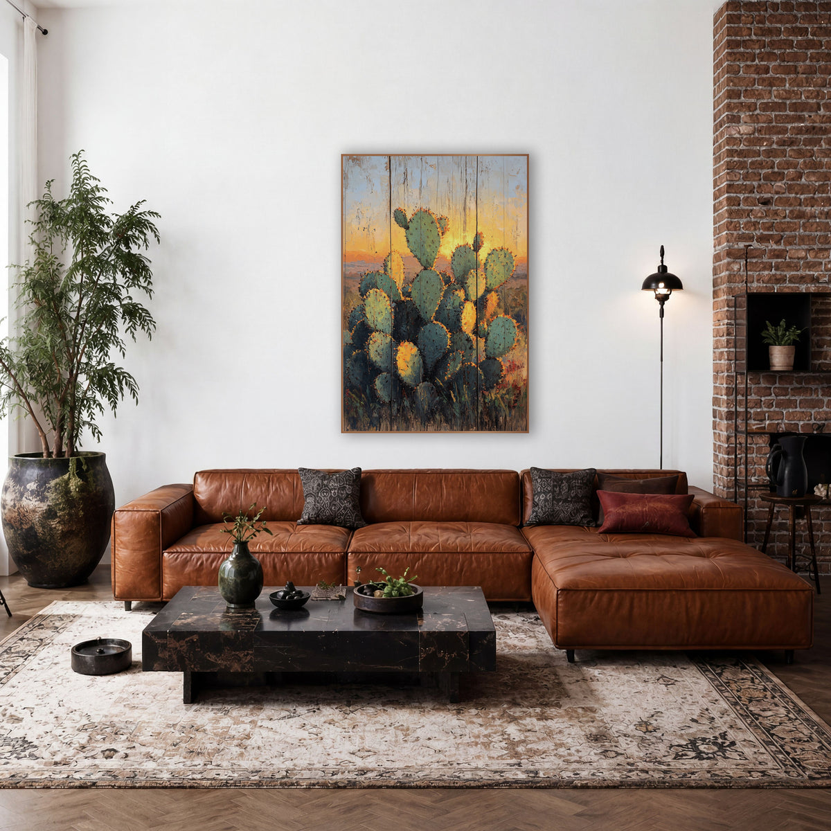 Glowing Prickly Pear Cactus Western wall art in a rustic western-style room – green prickly pear cactus pads