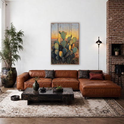 Glowing Prickly Pear Cactus Western wall art in a rustic western-style room – green prickly pear cactus pads