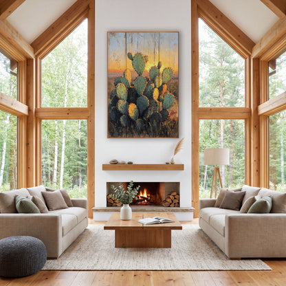 Glowing Prickly Pear Cactus Western wall art in a rustic western-style room – green prickly pear cactus pads