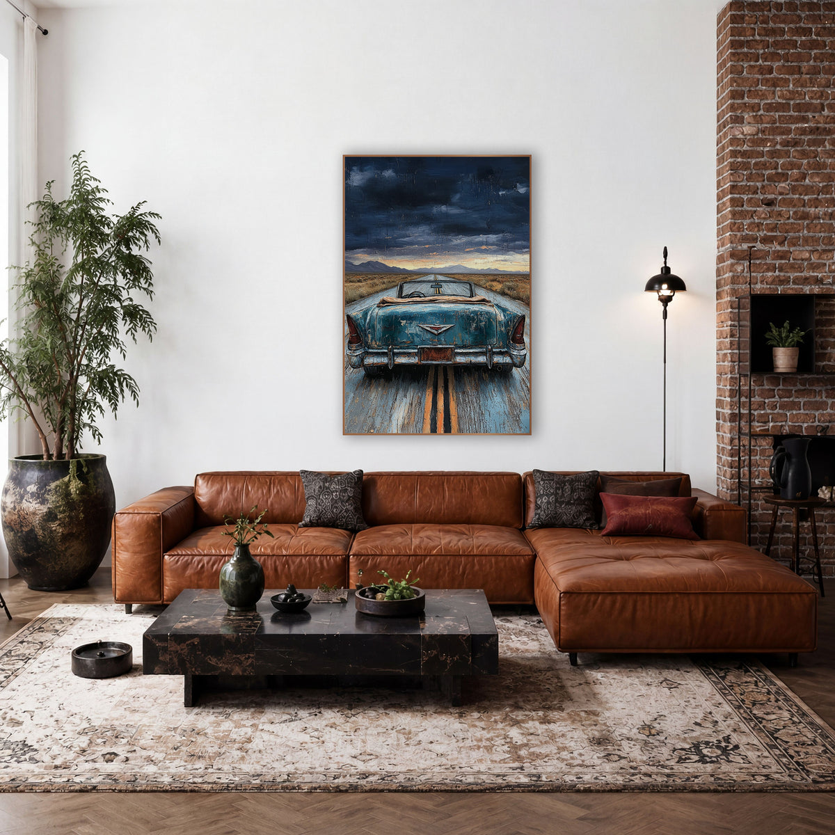 Teal Convertible Desert Highway Western wall art in a rustic western-style room – rear view of a worn teal vintage