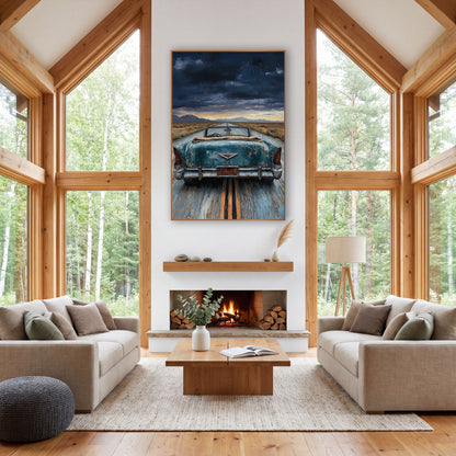 Teal Convertible Desert Highway Western wall art in a rustic western-style room – rear view of a worn teal vintage