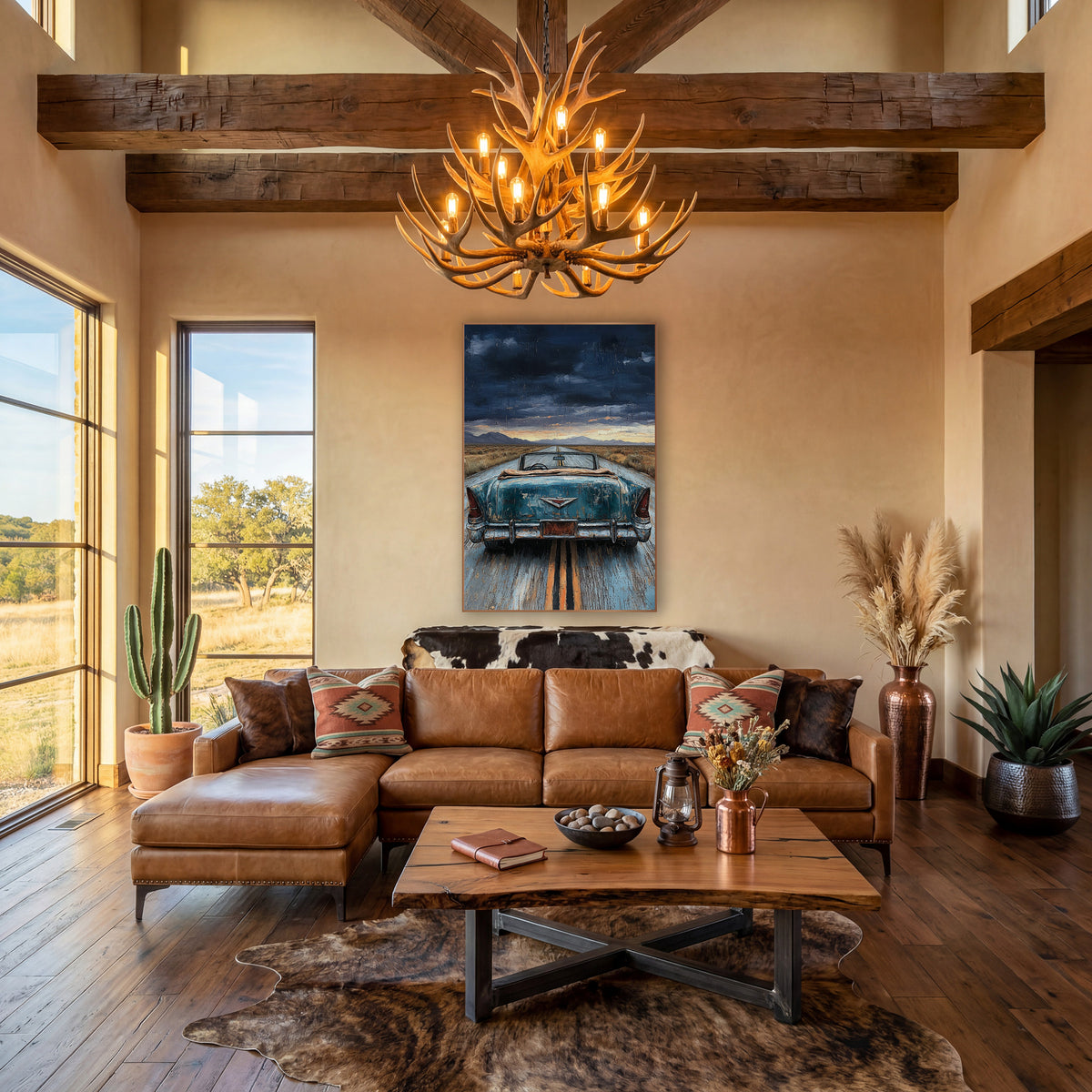 Teal Convertible Desert Highway Western wall art in a rustic western-style room – rear view of a worn teal vintage