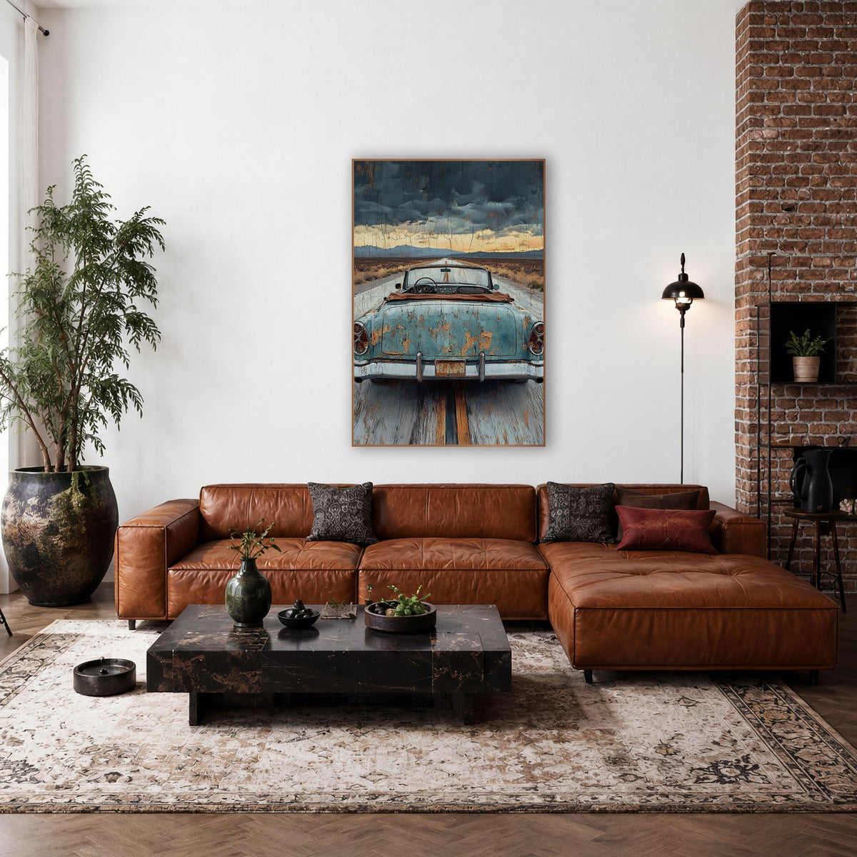 Rusted Dashboard Roadster Cracked Vintage wall art in a rustic western-style room – rear view of a rusty blue vintage