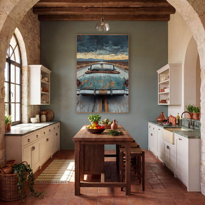 Rusted Dashboard Roadster Cracked Vintage wall art in a rustic western-style room – rear view of a rusty blue vintage