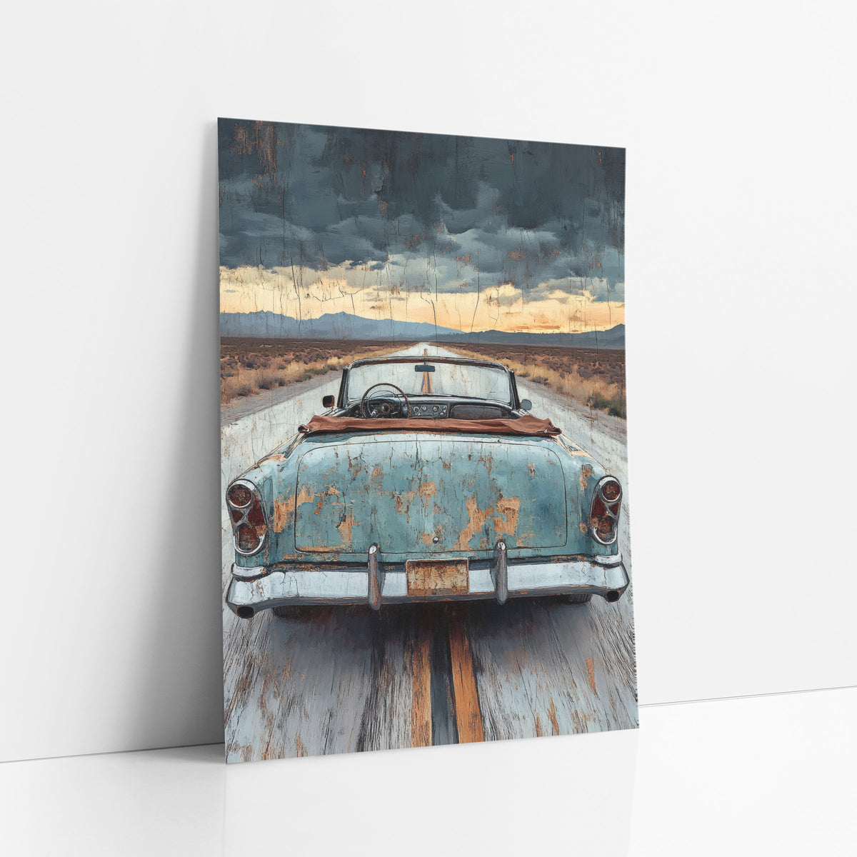 Rusted Dashboard Roadster Cracked Vintage art print leaning against a white wall – rear view of a rusty blue vintage