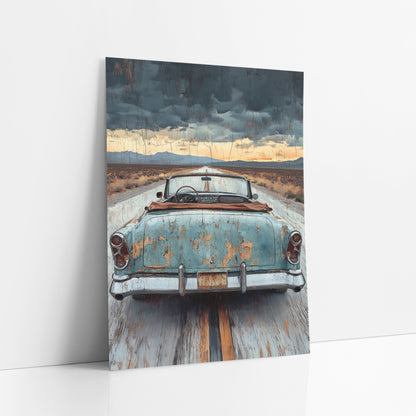 Rusted Dashboard Roadster Cracked Vintage art print leaning against a white wall – rear view of a rusty blue vintage