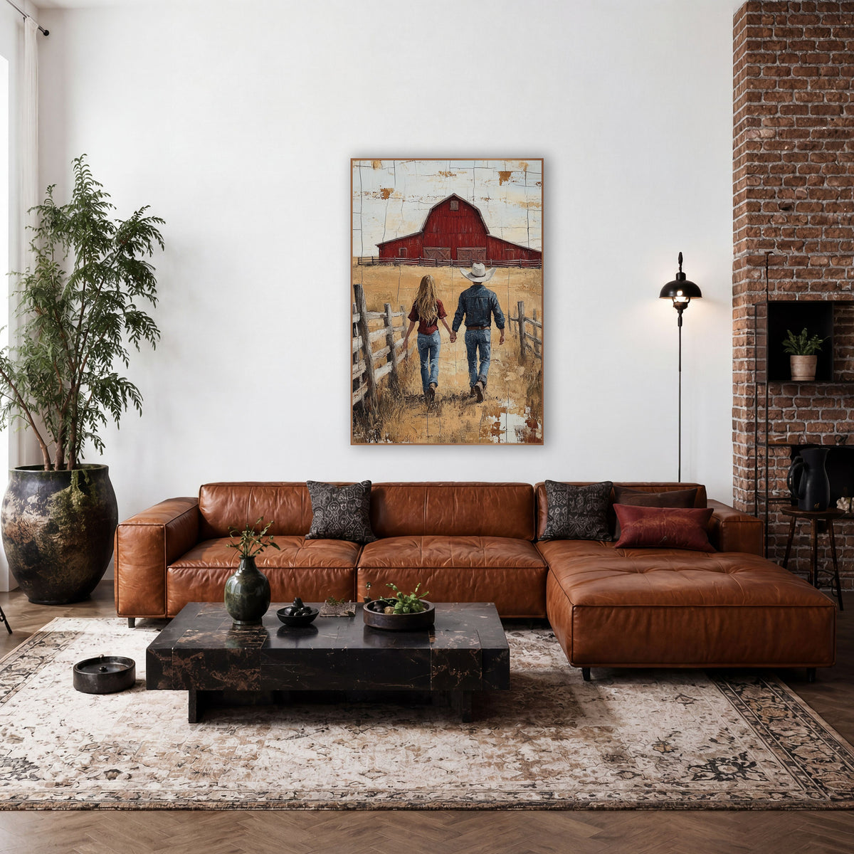 Couple Walking Red Barn Western wall art in a rustic western-style room – cowboy and cowgirl walking hand in hand