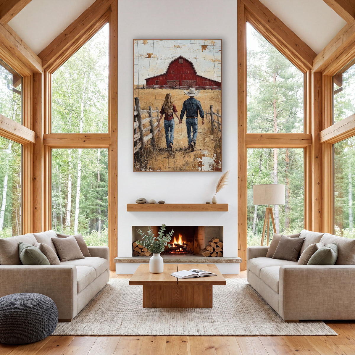Couple Walking Red Barn Western wall art in a rustic western-style room – cowboy and cowgirl walking hand in hand