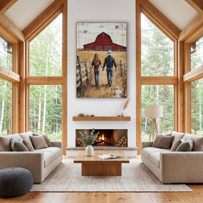 Couple Walking Red Barn Western wall art in a rustic western-style room – cowboy and cowgirl walking hand in hand