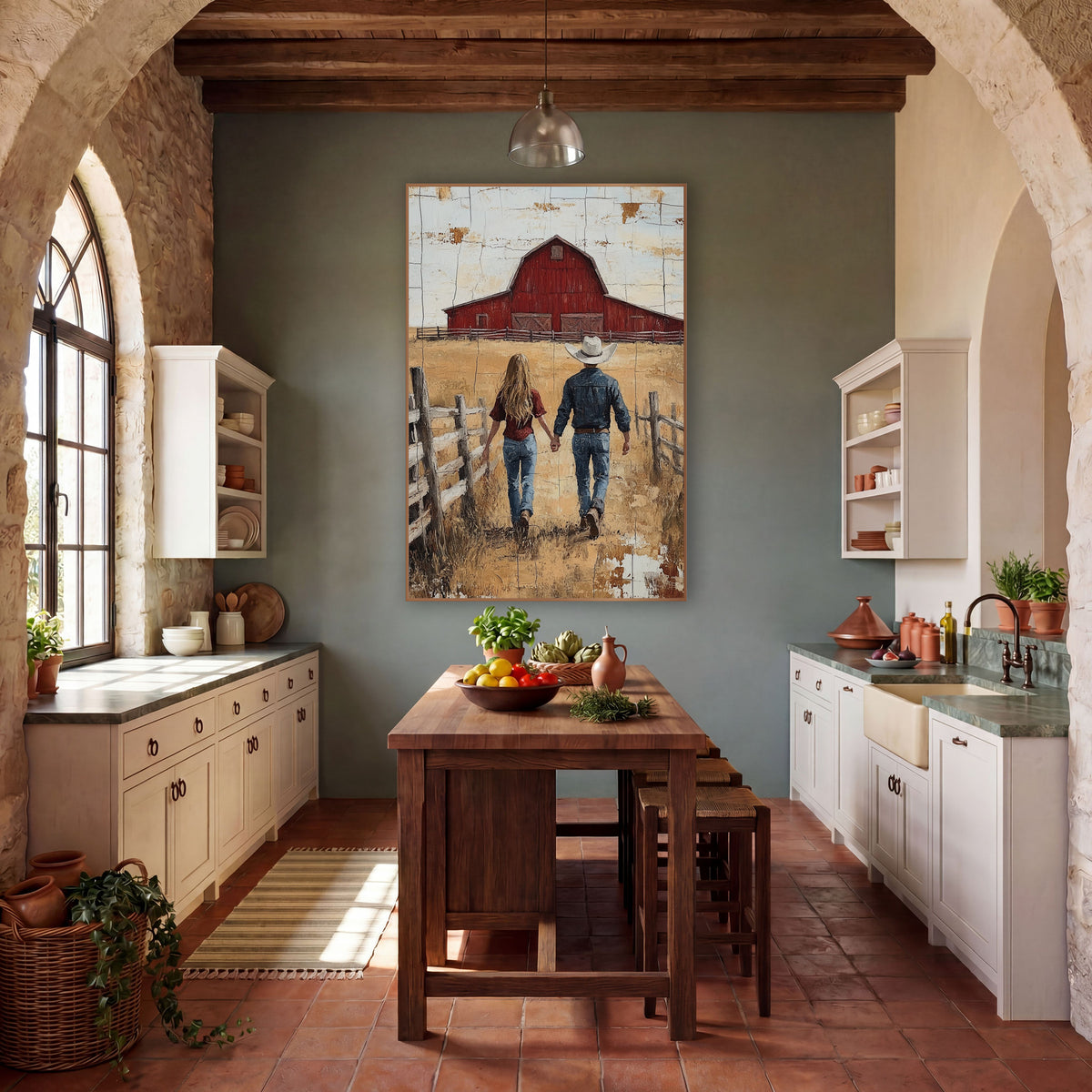 Couple Walking Red Barn Western wall art in a rustic western-style room – cowboy and cowgirl walking hand in hand