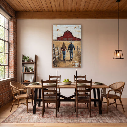 Couple Walking Red Barn Western wall art in a rustic western-style room – cowboy and cowgirl walking hand in hand