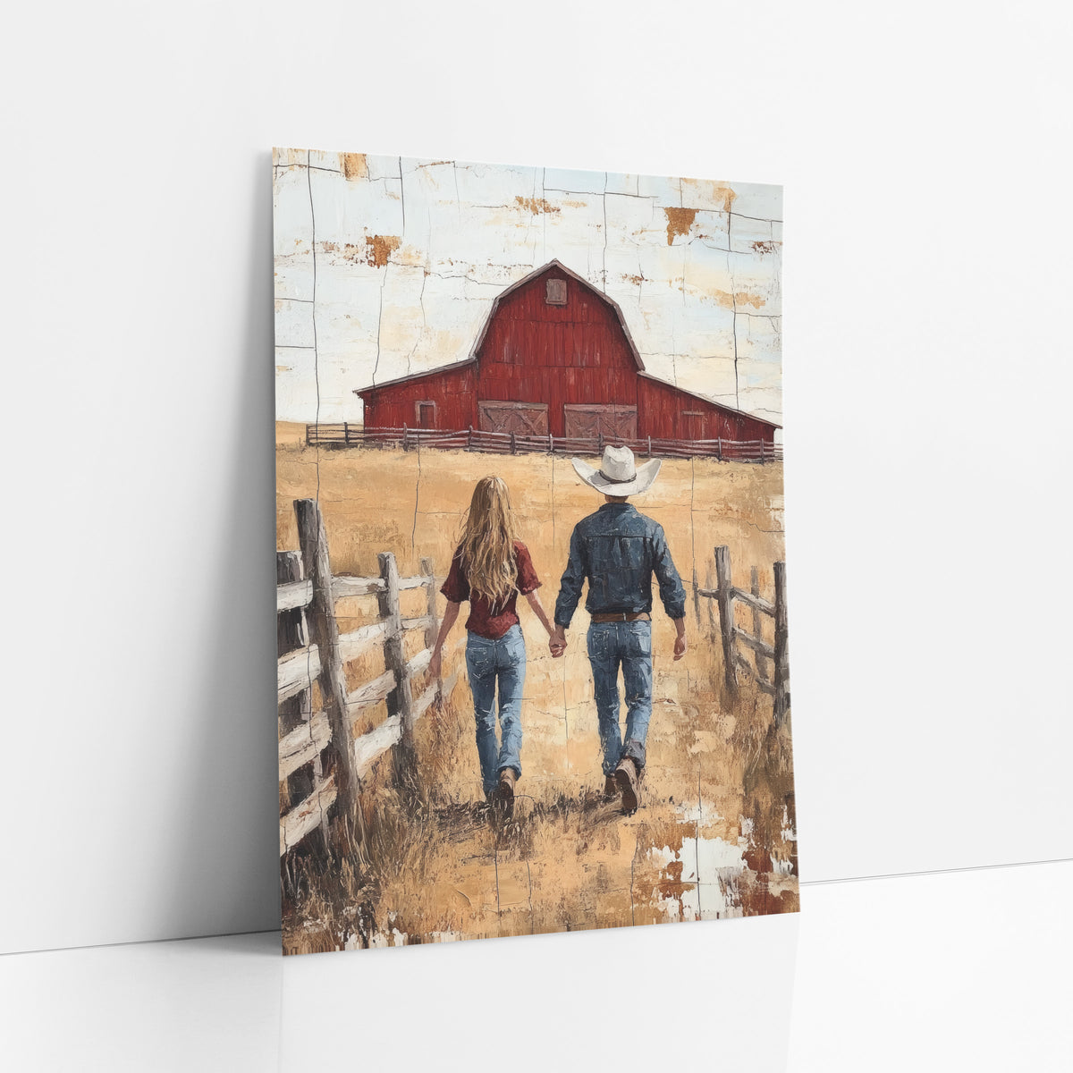 Couple Walking Red Barn Western art print leaning against a white wall – cowboy and cowgirl walking hand in hand along wooden