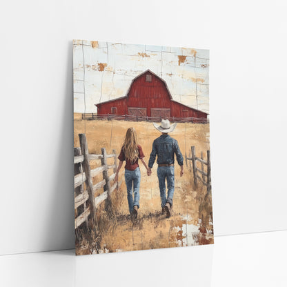 Couple Walking Red Barn Western art print leaning against a white wall – cowboy and cowgirl walking hand in hand along wooden