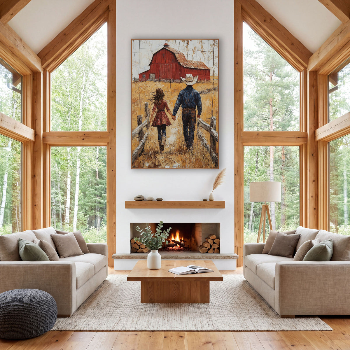 Girl and Cowboy Crackled Barn wall art in a rustic western-style room – cowboy in white hat and woman in red dress