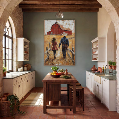 Girl and Cowboy Crackled Barn wall art in a rustic western-style room – cowboy in white hat and woman in red dress