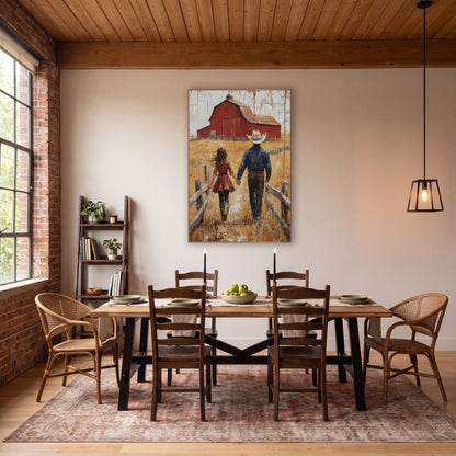 Girl and Cowboy Crackled Barn wall art in a rustic western-style room – cowboy in white hat and woman in red dress