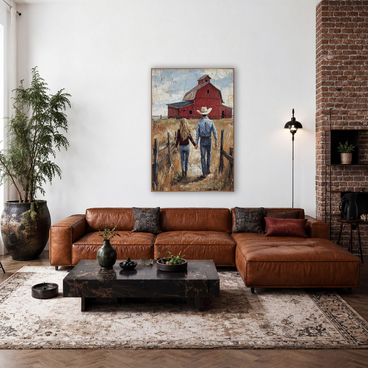 Denim Couple Barn Lane wall art in a rustic western-style room – cowboy and long-haired woman holding hands, walking