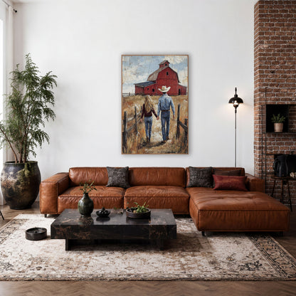 Denim Couple Barn Lane wall art in a rustic western-style room – cowboy and long-haired woman holding hands, walking