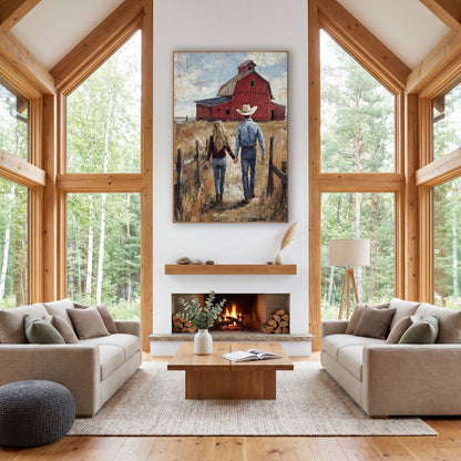 Denim Couple Barn Lane wall art in a rustic western-style room – cowboy and long-haired woman holding hands, walking