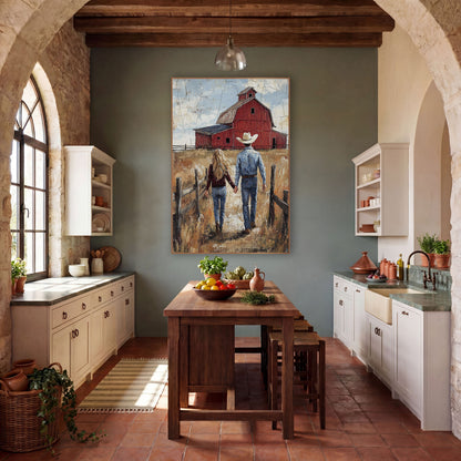 Denim Couple Barn Lane wall art in a rustic western-style room – cowboy and long-haired woman holding hands, walking